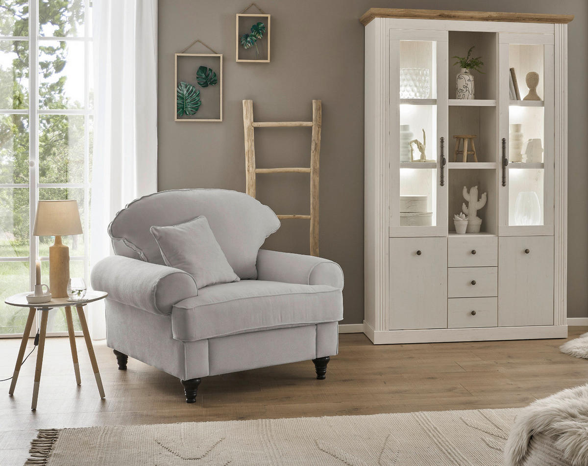 SESSEL hellgrau Landhaus, Loungesessel 110 cm - Hellgrau/Braun, Holz/Textil (110/95/100cm) - Furn.Design