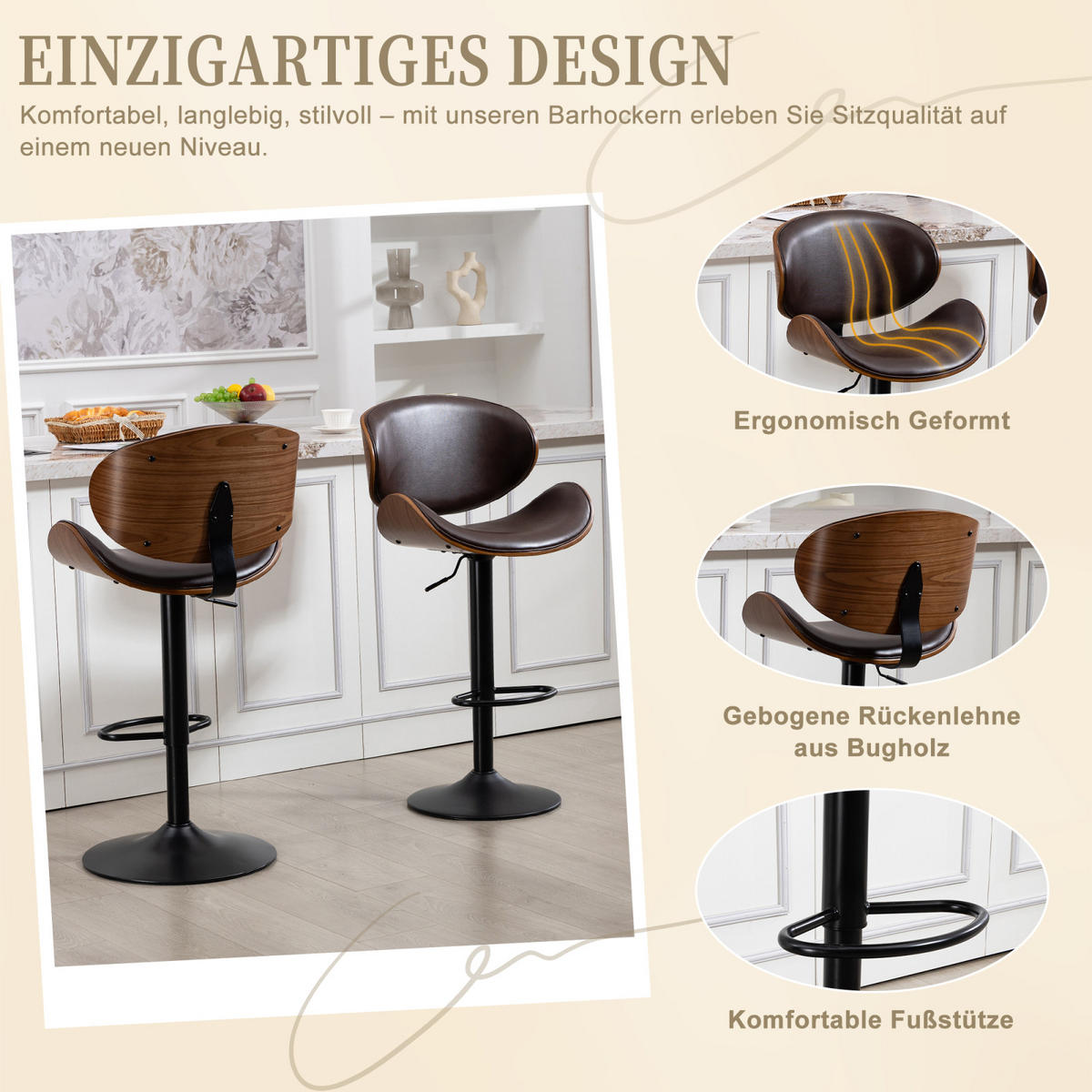 BARHOCKER 2er-Set Drehbar,mit Sitzkissen und Fußstützen Kunstleder Braun - Braun, Textil/Metall (51/93/50cm) - PARAFTA HOME