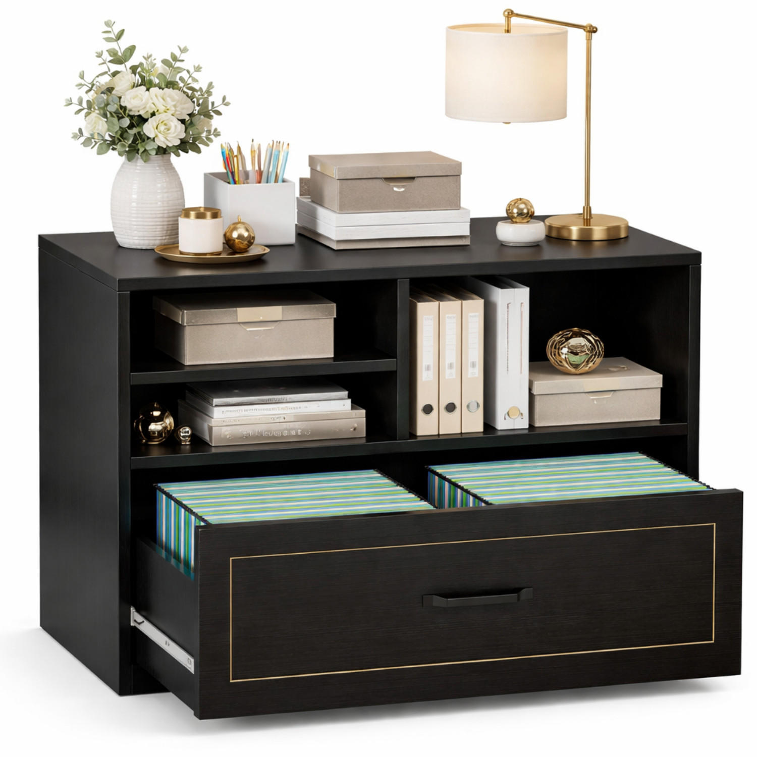 STAURAUMSCHRANK mit Schublade & Offenen Fächern INDUSTRIAL 83.8 x 40.0 x 72.5 cm - Schwarz, Holzwerkstoff/Metall (83.8/72.5/40cm) - Quality Elegance