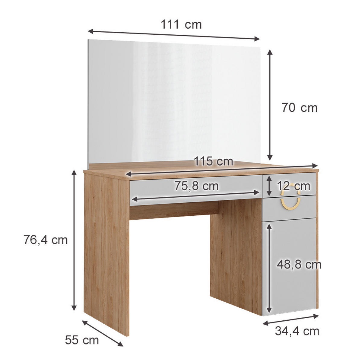 SCHMINKTISCH Adela Natural Rockford Hickory 115 cm mit Spiegel - Trüffeleichefarben/Weiß, Holzwerkstoff (115/76.4/55cm) - Vicco