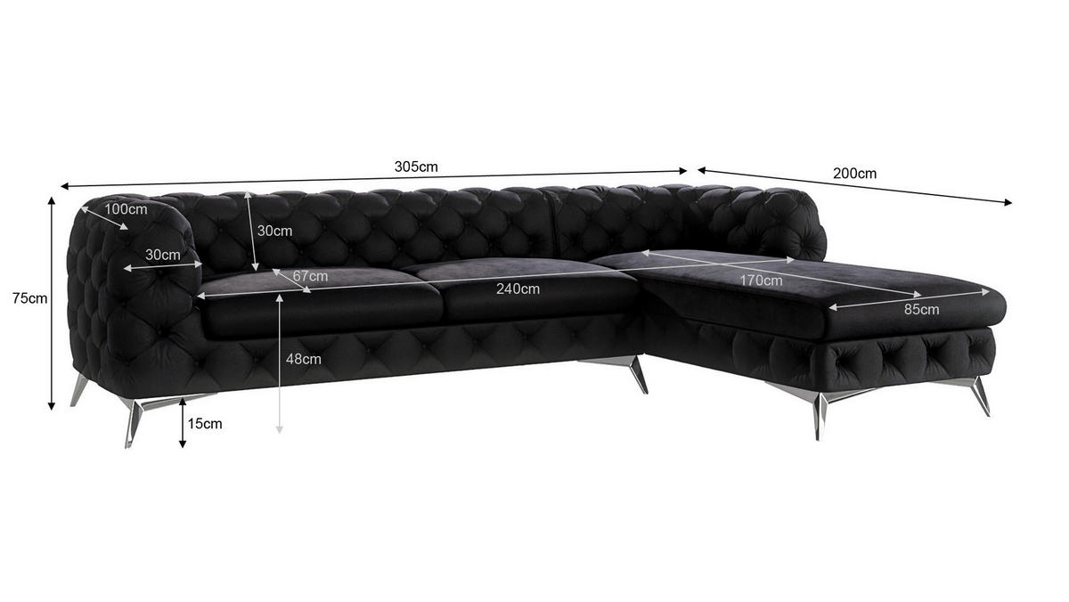 ECKSOFA Chesterfield Laura Schwarz Samt - Silberfarben/Schwarz, Holz/Textil (305/200cm) - S-Style Möbel