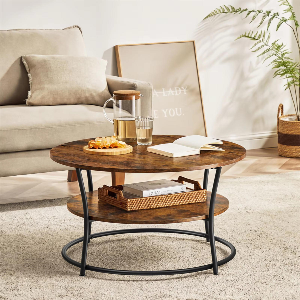 COUCHTISCH rund 80 cm Sofatisch Ablage - Braun, Holz (80/80/46.5cm) - Kaket