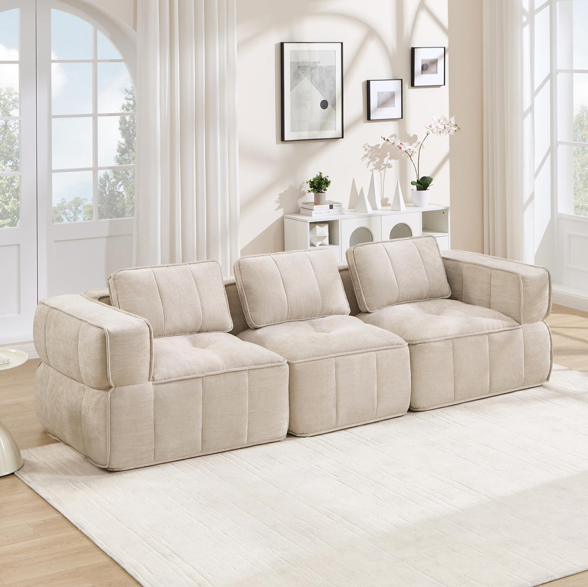 SOFA 271/93/67 cm in Beige, modular, aus Polyester mit rutschfestem Standfuß - Beige, Kunststoff (93/67/271cm) - Flora Grace