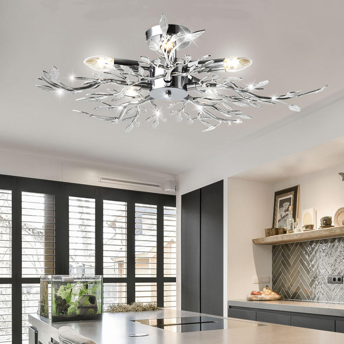 LED DECKENLEUCHTE Chrom Silber Blätter-Design - Silberfarben, Metall (71/71/16cm) - Globo Lighting