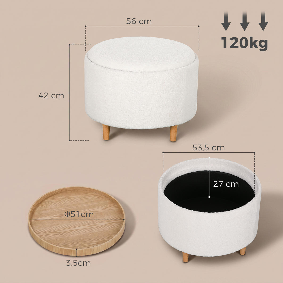 POLSTERHOCKER PANG-F4N8K2 Weiß - Weiß, Fell (56/42/56cm) - PANGIVO