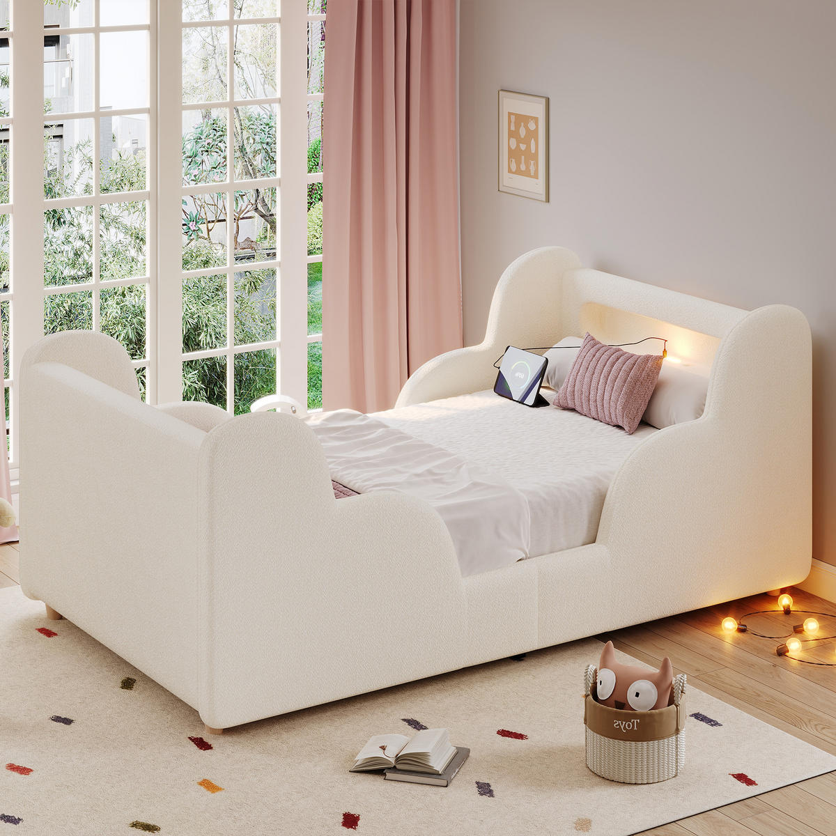 KINDERBETT Beige Bouclé 90x200 Schutzgeländer Massivholz - Beige, Leder (90/200cm) - FLIEKS