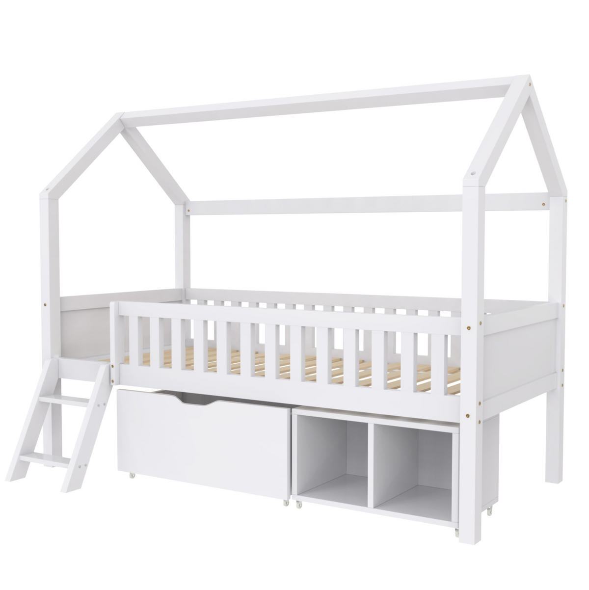 HAUSBETT 90/200 cm aus Kiefer massiv in Weiß – mit Satteldach, Treppe und Stauraum - Weiß, Holz (90/200cm) - BEAOK