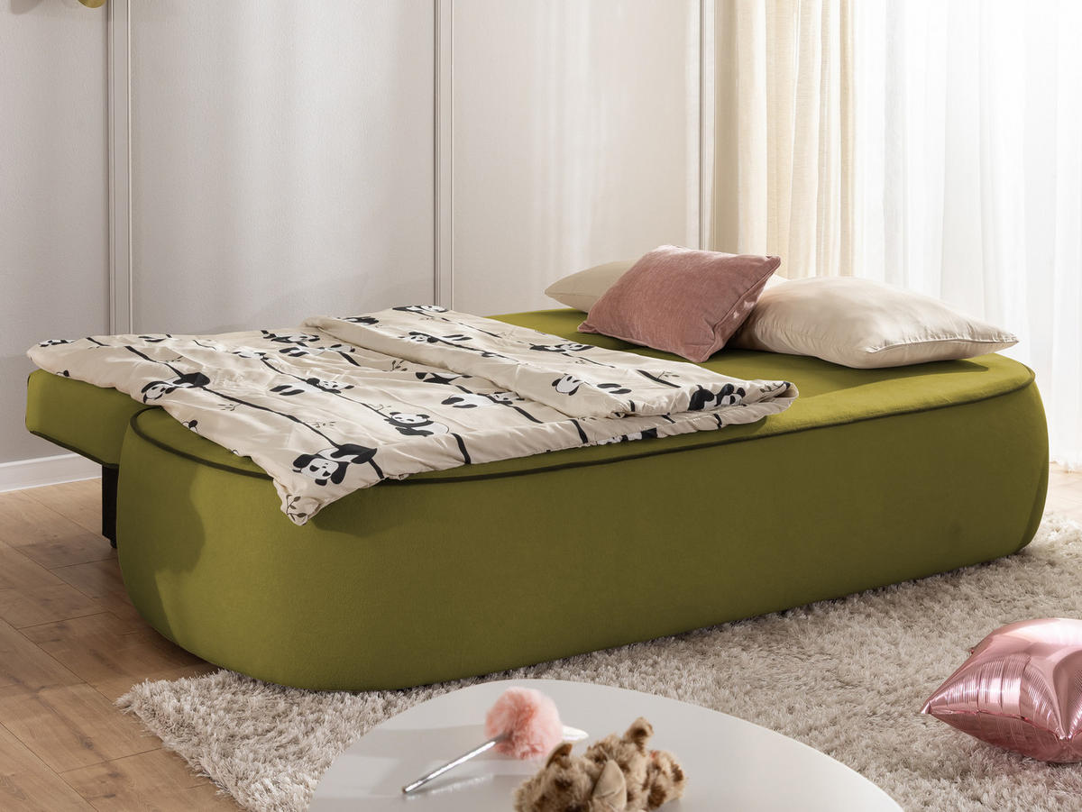 KINDERSOFA Vero im modernen und abgerundeten Design mit Schlaffunktion und Bettkasten aus Grün Plüschstoff mit dunkelgrüner Paspel - Schwarz/Grün, Holz/Kunststoff (210/90/98cm) - S-Style Möbel
