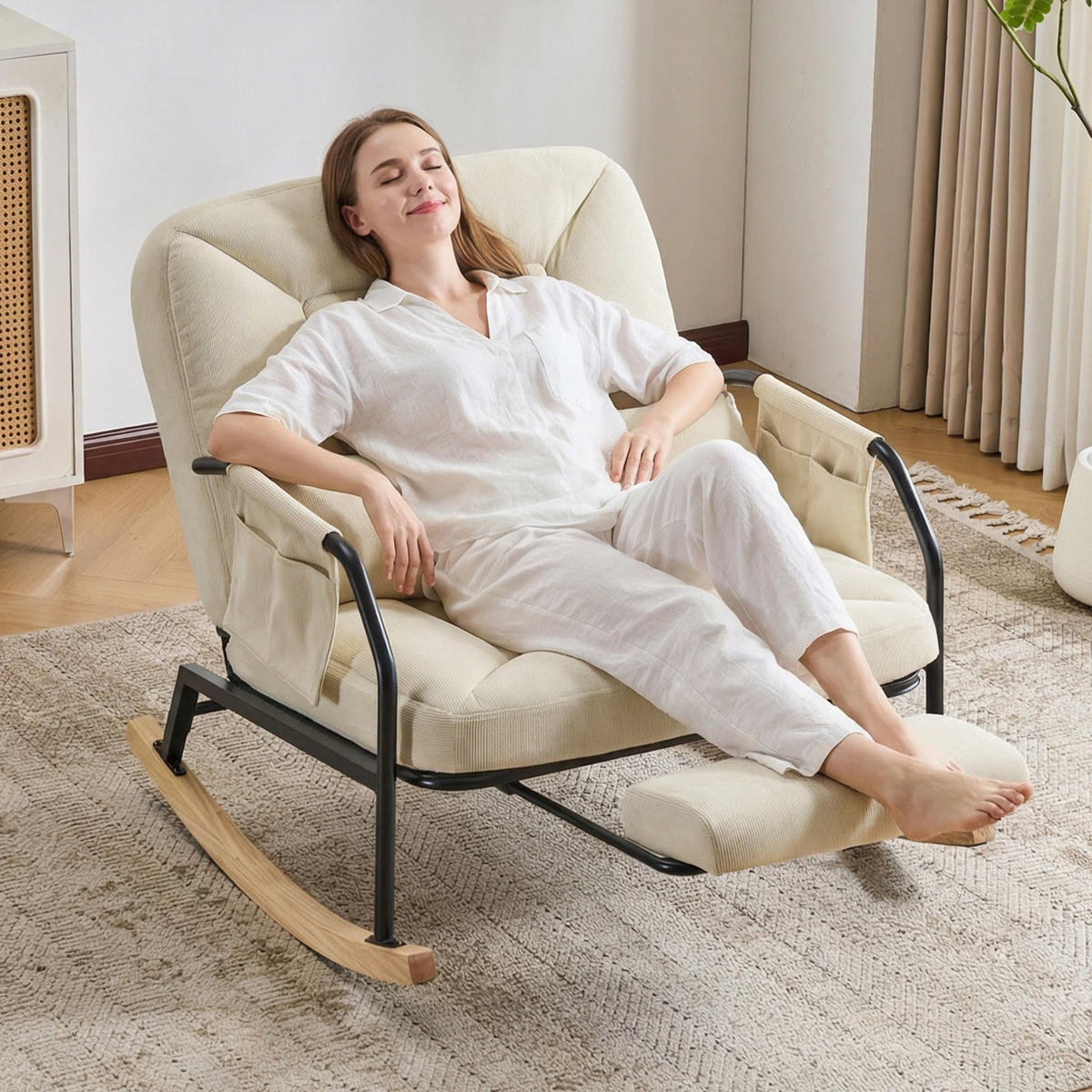 SCHAUKELSTUHL,ÜBERGROSS mit Fußstütze verstellbare Lehne Metallholz Cord,beige - Beige, Textil (87/89/88cm) - Vallsero