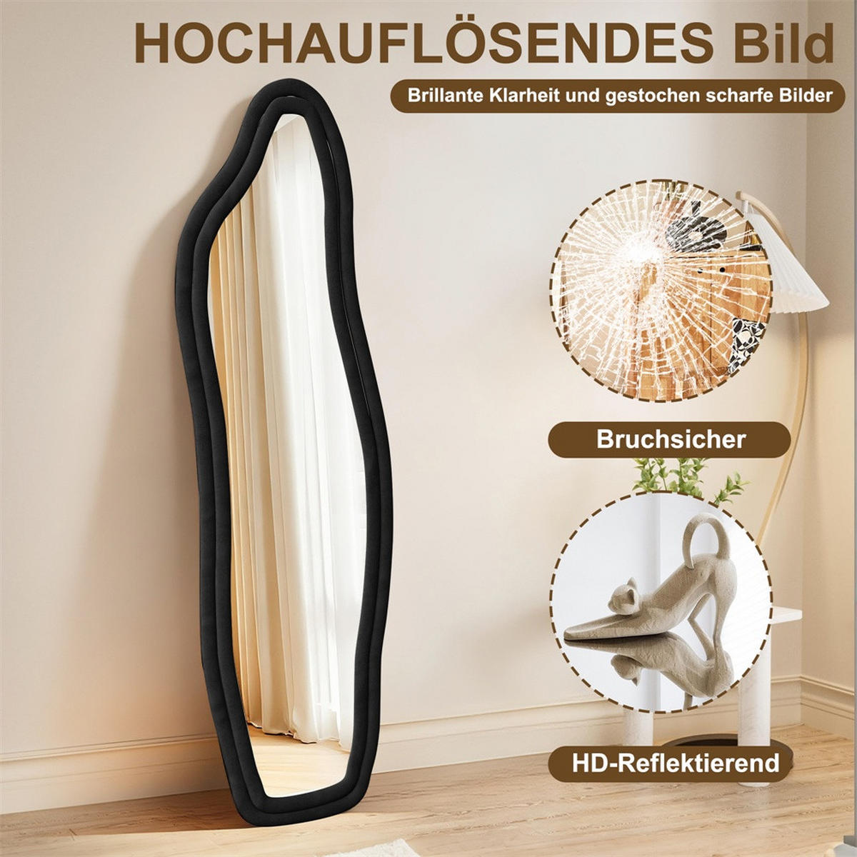 GANZKÖRPERSPIEGEL - Standspiegel - 160x50 cm - Dolphin Wave - mit Samtbezug Schwarz - Schwarz, Glas (50/160/4cm) - DELFA