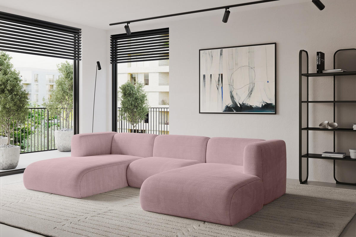 WOHNLANDSCHAFT MIRA-U1 317x179x70 Rosa Cord - Schwarz/Rosa, Holzwerkstoff/Kunststoff (317/70/179cm) - ALTDECOR