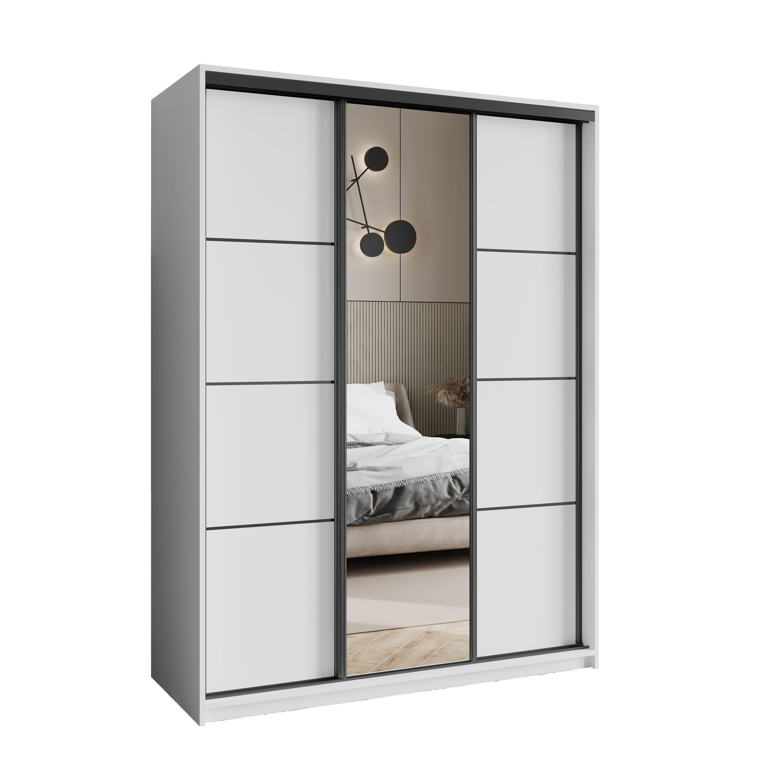 SCHWEBETÜRENSCHRANK VARO 150/205/60 cm 3-türig mit Spiegel Weiß - Weiß, Holzwerkstoff (150/205/60cm) - MASSENO