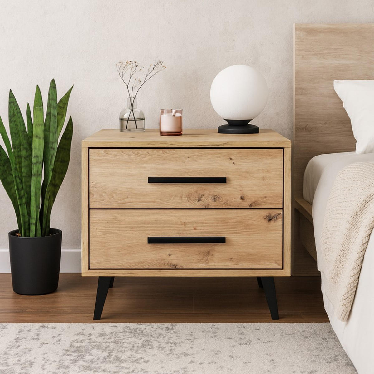 NACHTTISCH Kavo mit 2 Schubladen, eiche Sonoma - Schwarz/Sonoma Eiche, Holzwerkstoff (53.5/48/41cm) - Beautysofa