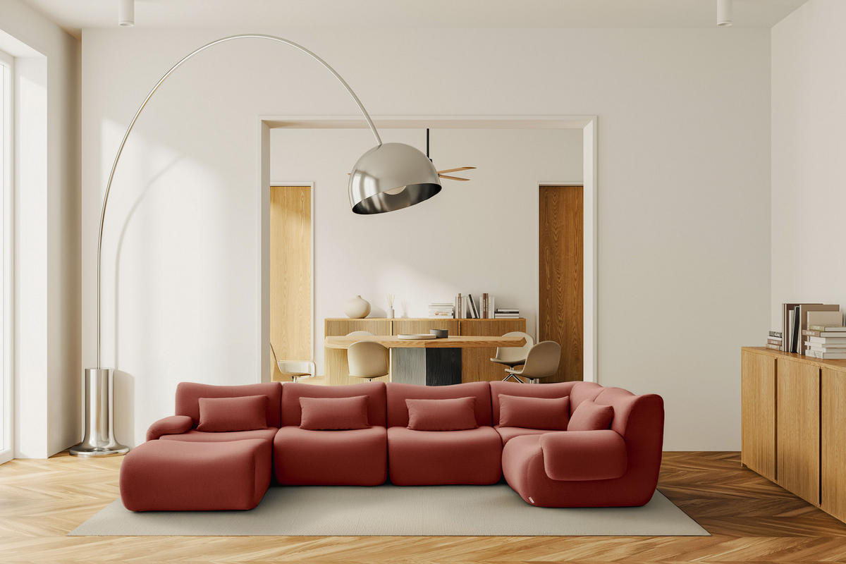 WOHNLANDSCHAFT Bouclé-Stoff Terrakotta-Rot - Terracotta, Textil (356/73/190cm) - MILYsofa