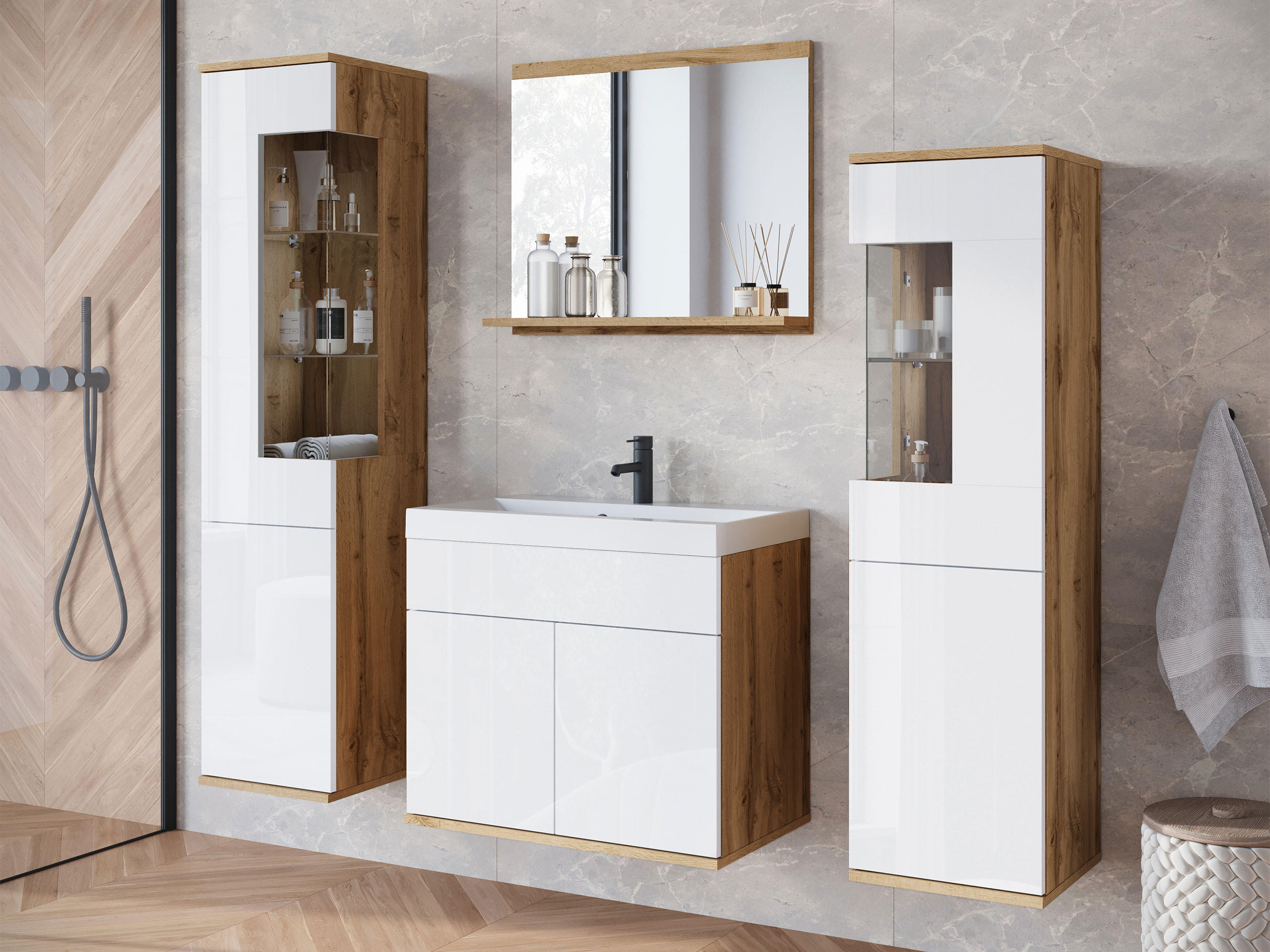 BADMÖBEL-SET Nairobi - Weiß Hochglanz/Eiche Wotan, Holzwerkstoff (31/133/31cm) - MIRJAN24