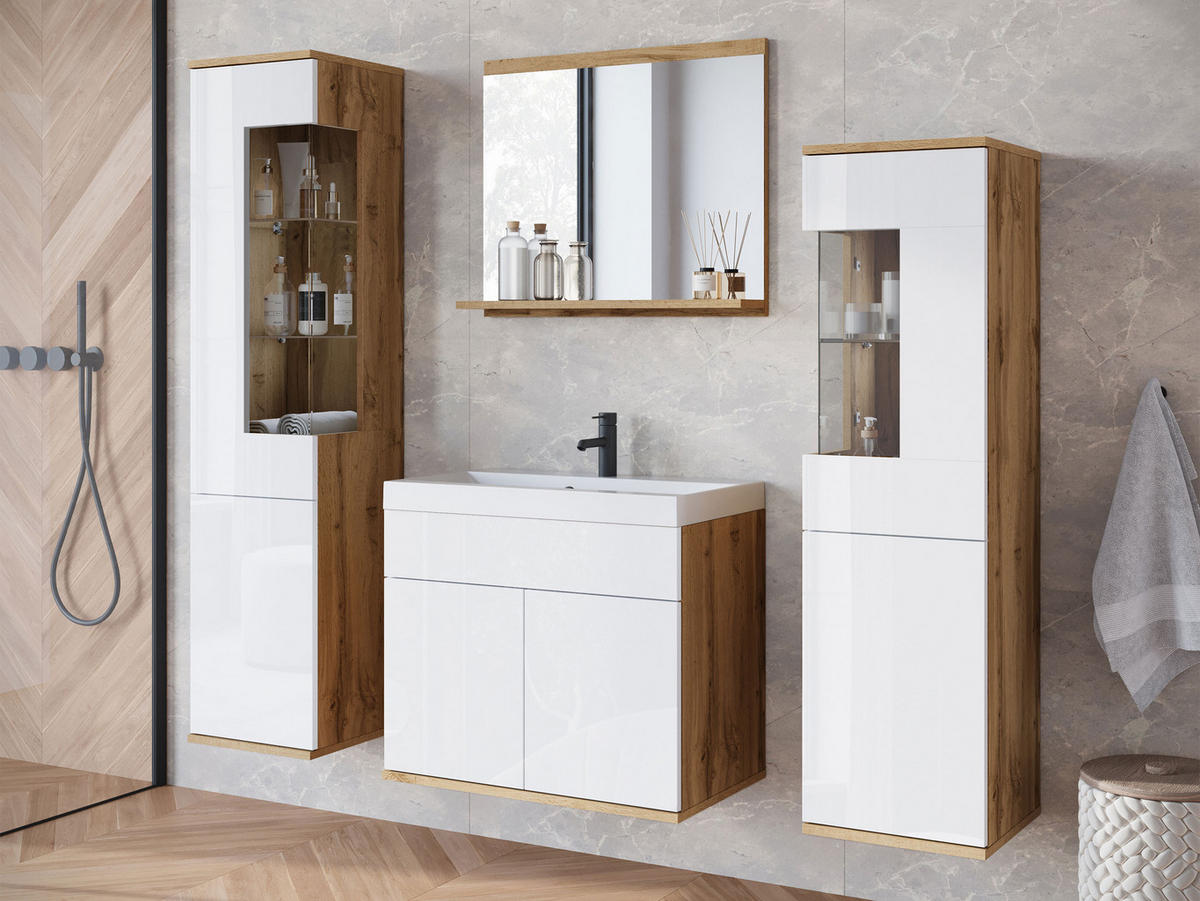 BADMÖBEL-SET Nairobi - Weiß Hochglanz/Eiche Wotan, Holzwerkstoff (31/133/31cm) - MIRJAN24