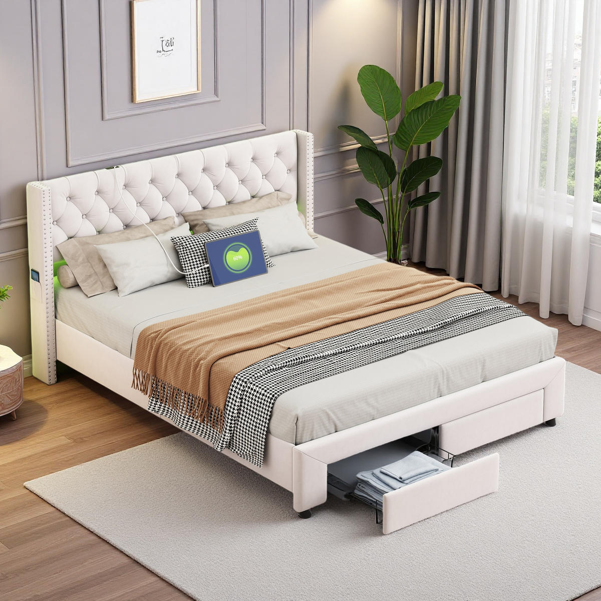 POLSTERBETT 140x190 cm Beige Samt LED USB Schublade - Beige, Holz (140/190cm) - SHOPENTRA