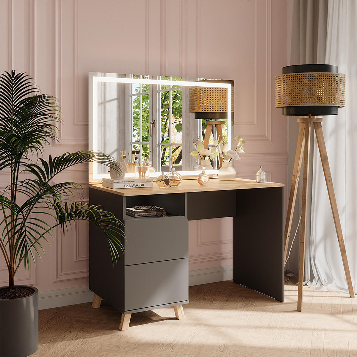 SCHMINKTISCH Karen Anthrazit/Artisan 110 cm mit LED-Spiegel - Anthrazit/Eiche Artisan, Holzwerkstoff (110/75/55cm) - Vicco