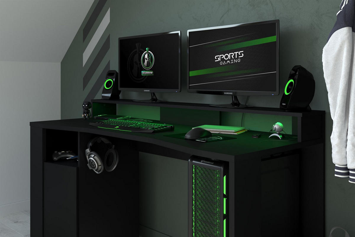 GAMING Schreibtisch Parisot Gaming 2-tlg. Holznachbildung Schwarz - Schwarz, Kunststoff (152/62/87cm) - 58aufmkessel