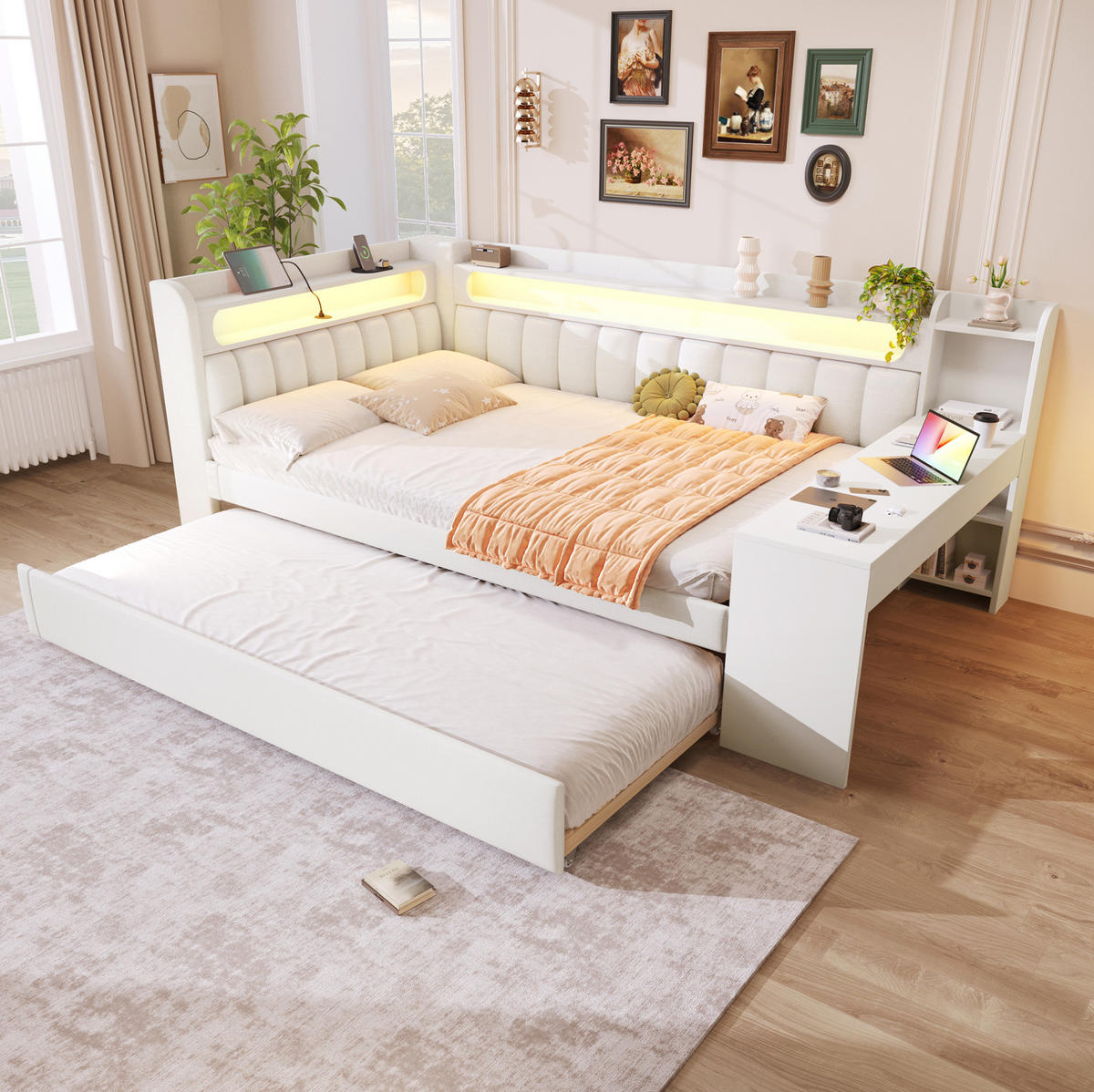 POLSTERBETT 140/200 cm mit LED-Beleuchtung, USB und Ausziehbett in Weiß - Weiß, Holzwerkstoff (140/200cm) - BEAOK