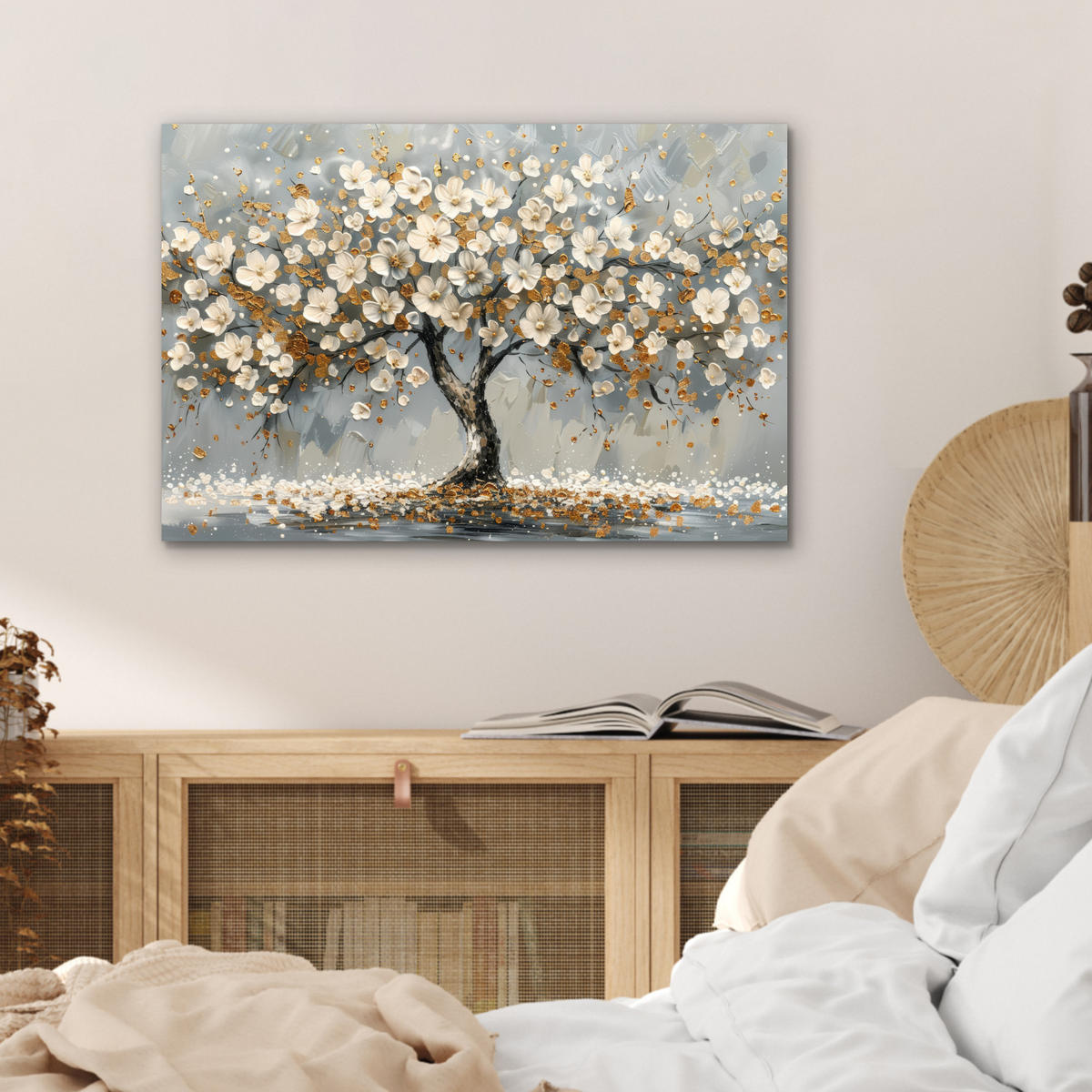 METALLBILD Baum - Blumen - Weiß - Natur - Kunst 60x40 cm - Weiß, Metall (60/40cm) - MuchoWow
