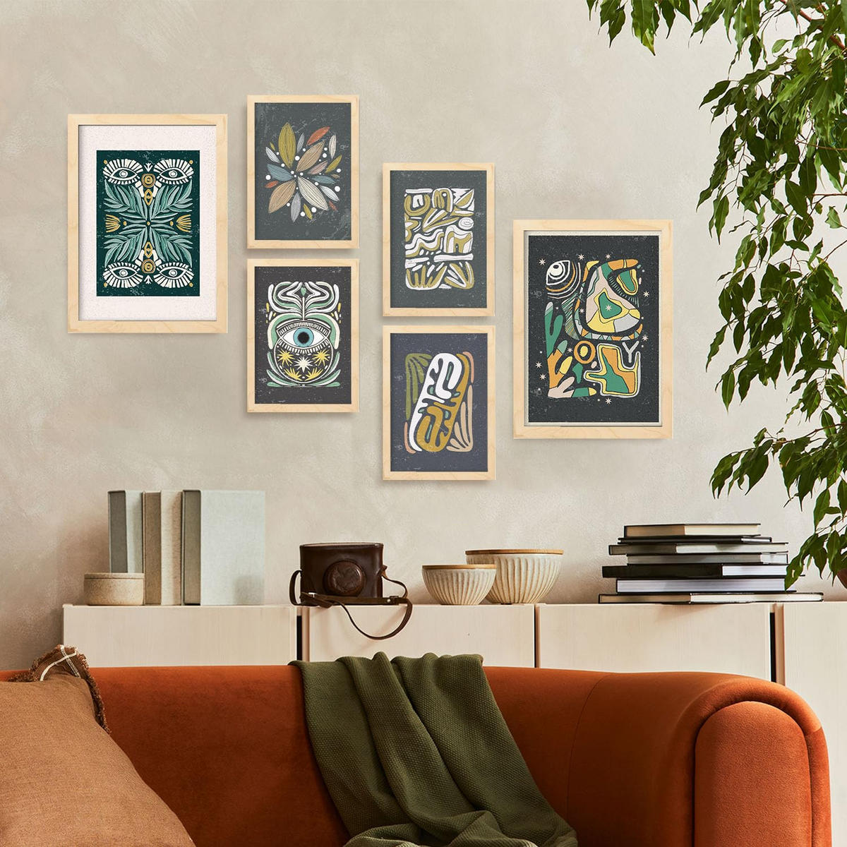 POSTER Set Mit 6 Drucken Von Augen In Der Sammlung Von Ethnischenen Ästhetische Dekorative Für Zuhause Wandkunstdruck A3 & A4 Rahmen Aus Hellem Holz - Beige, Papier (29/3cm) - Nacnic