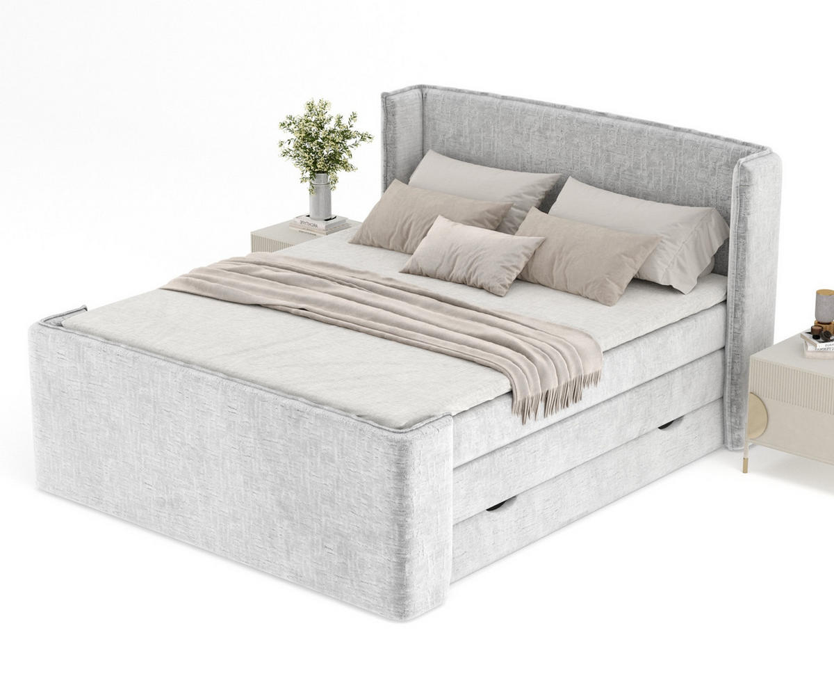BOXSPRINGBETT Freeland Hellgrau 180/200 cm mit Matratze und Topper - Hellgrau/Schwarz, Holz/Holzwerkstoff (180/200cm) - Maison de Reve