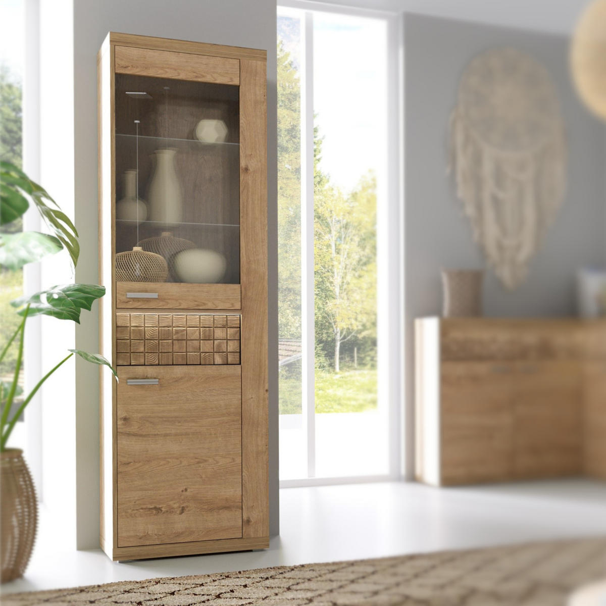 VITRINE BALESTRAND N4 Schublade Eiche - Eichefarben/Silberfarben, Glas/Holzwerkstoff (57/201/41cm) - Komodee