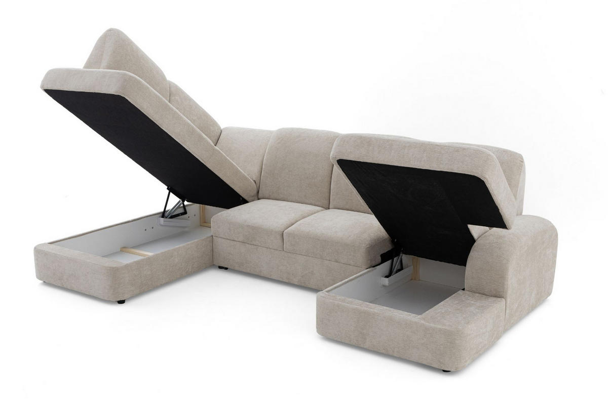 ECKSOFA VIBE U Links mit Schlaffunktion 129x263 Chenille Beige - Beige/Schwarz, Holz/Kunststoff (280/102/186cm) - Muffo