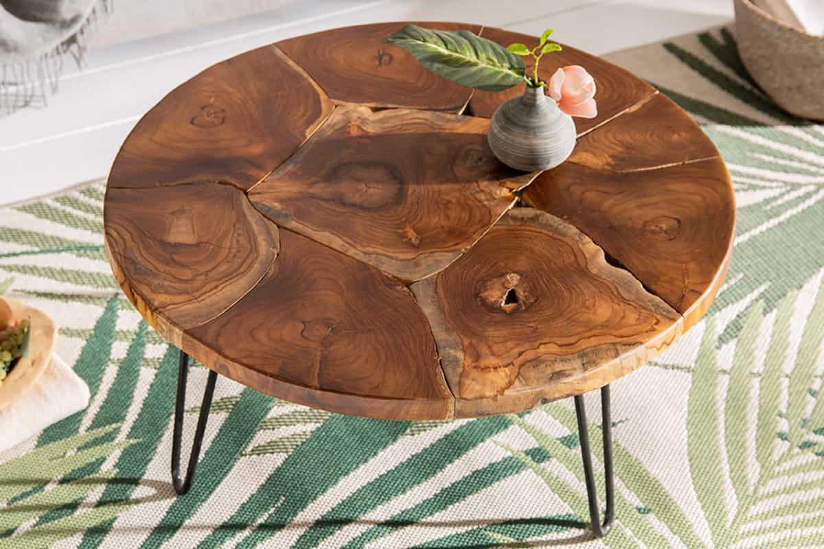 COUCHTISCH MOSAIK Teakholz rund Natur|Schwarz 70cm - Schwarz/Braun, Holz/Metall (70/70/36cm) - riess-ambiente