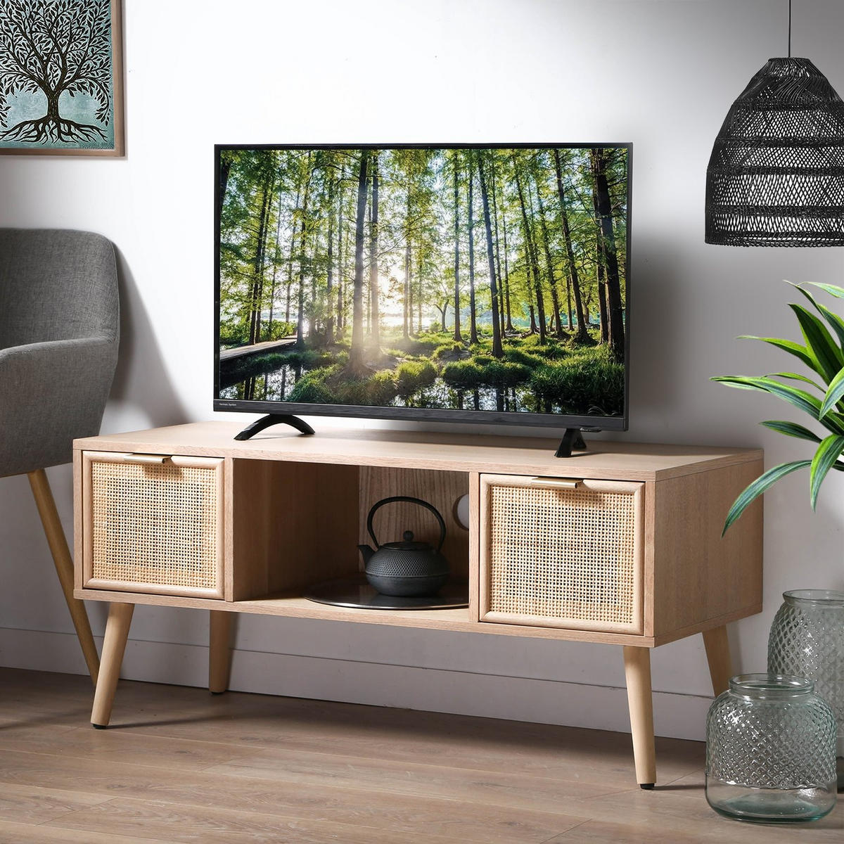TV-MÖBEL mit 2 Schubladen Vorderseite aus Rattan - L100 cm - Apfelbaumfarben, Holzwerkstoff (42/45/100cm) - Calicosy