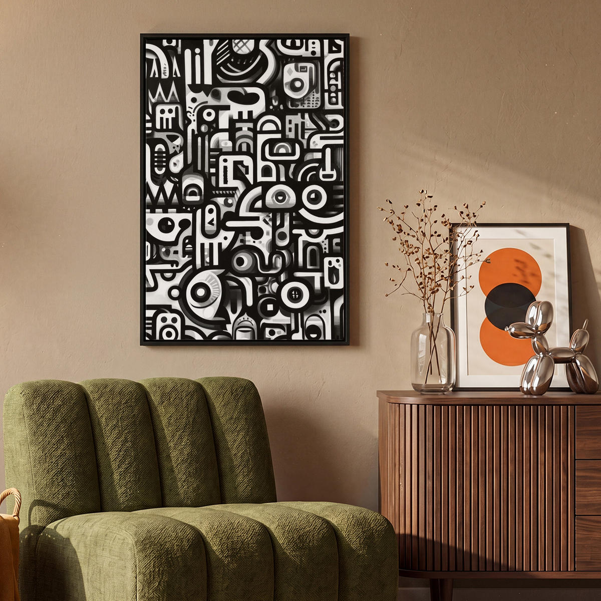 LEINWAND Bilder mit Rahmen - Symbole - Abstrakt - Grafik - Schwarz - 60x90 - Schwarz, Textil (60/90cm) - MuchoWow