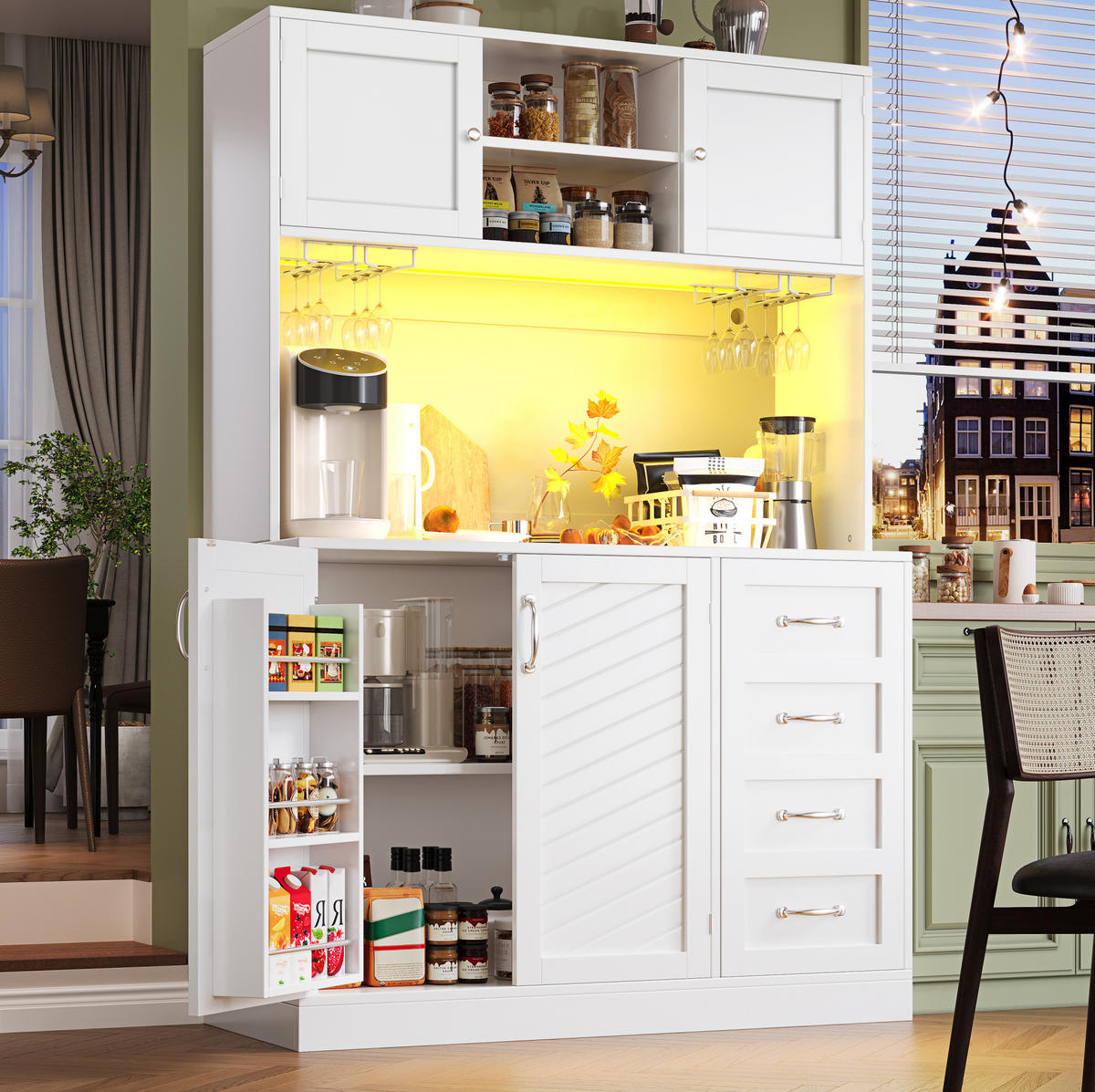 BUFFETSCHRANK 120/40/188 cm mit LED-Beleuchtung, 4 Türen, 2 Schubladen, Getränkehaltern und MDF-Korpus, Weiß - Weiß, Holzwerkstoff (120/188/40cm) - Redom