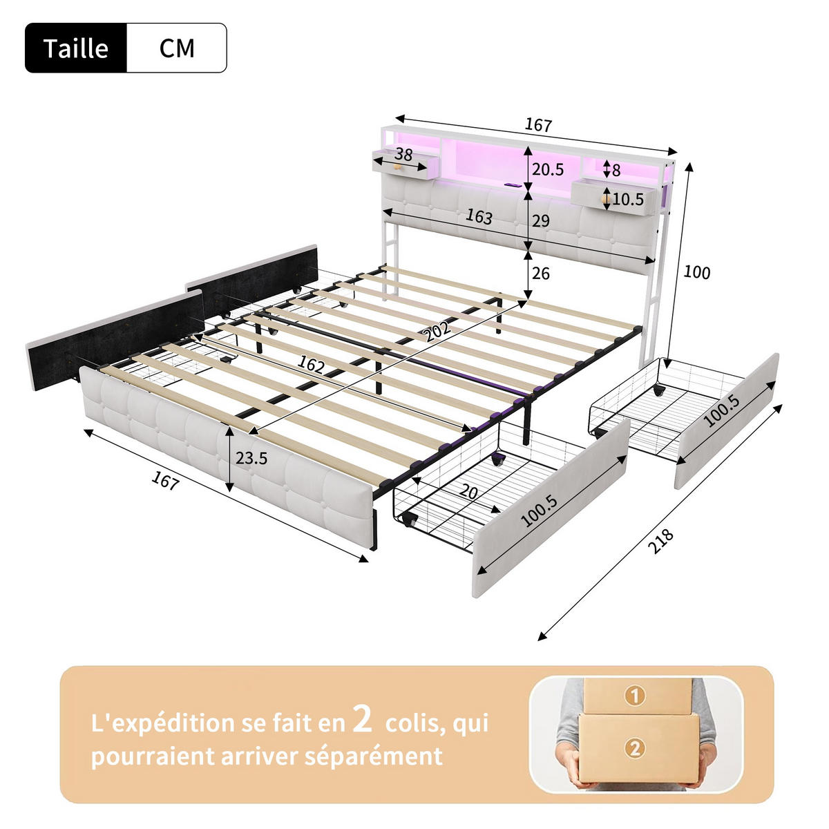 POLSTERBETT 160x200 cm mit 4 Schubladen, Polsterbettgestell aus Samt, Kopfteil mit RGB-LED-Beleuchtung, 2 Schubladen und USB/Typ-C-Anschlüsse - Beige - Beige, Holzwerkstoff (160/200cm) - Brevoria