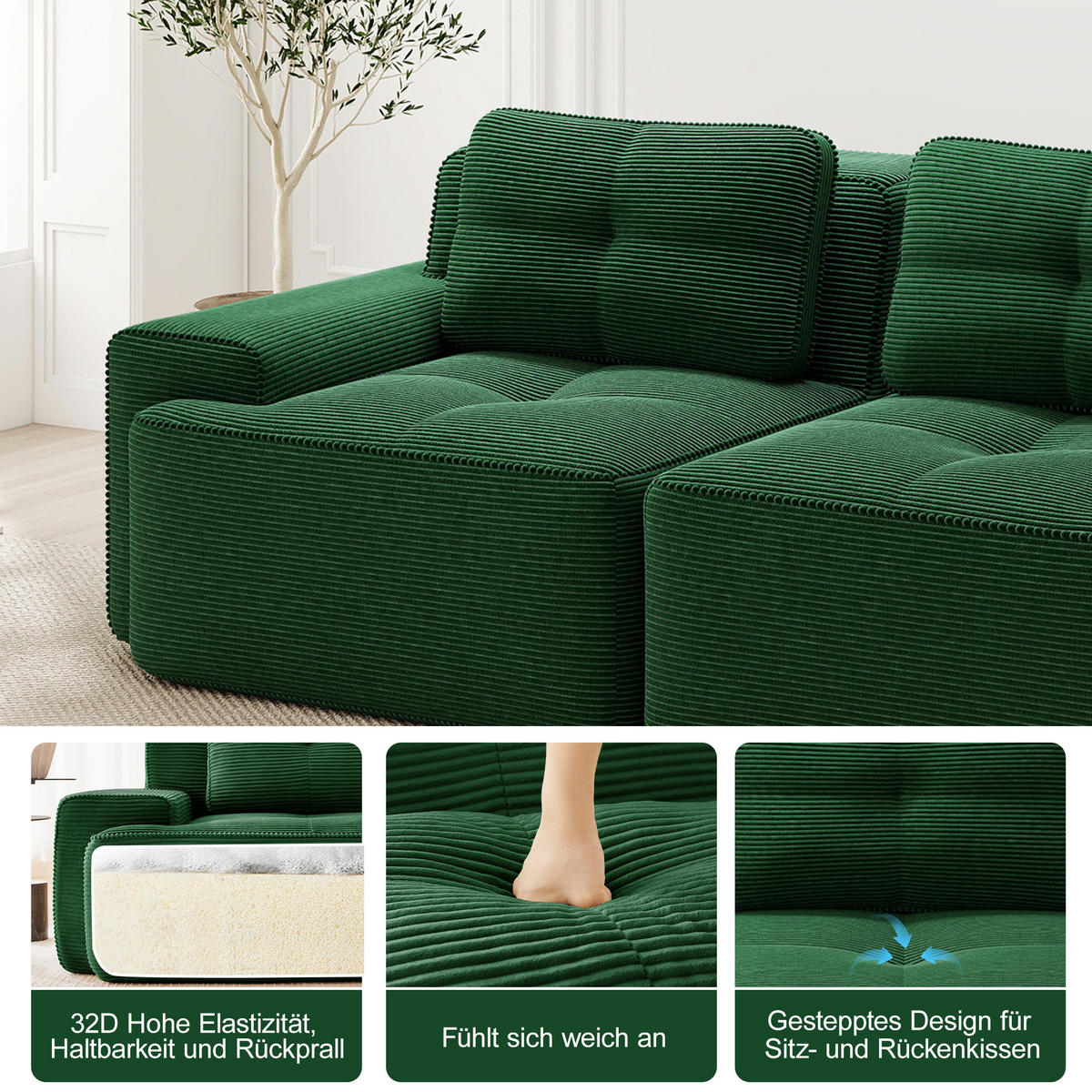 3-SITZER SOFA cord montagefrei & extratiefer sitz - Grün, Textil (293/69/104cm) - Urban Meuble