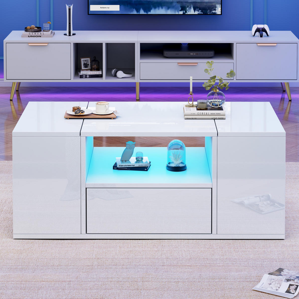 COUCHTISCH 100/50/40 cm mit Schublade, 2 Klappfächern und LED-Beleuchtung in Hochglanz, Weiß - Weiß, Holzwerkstoff (100/50/40cm) - Redom