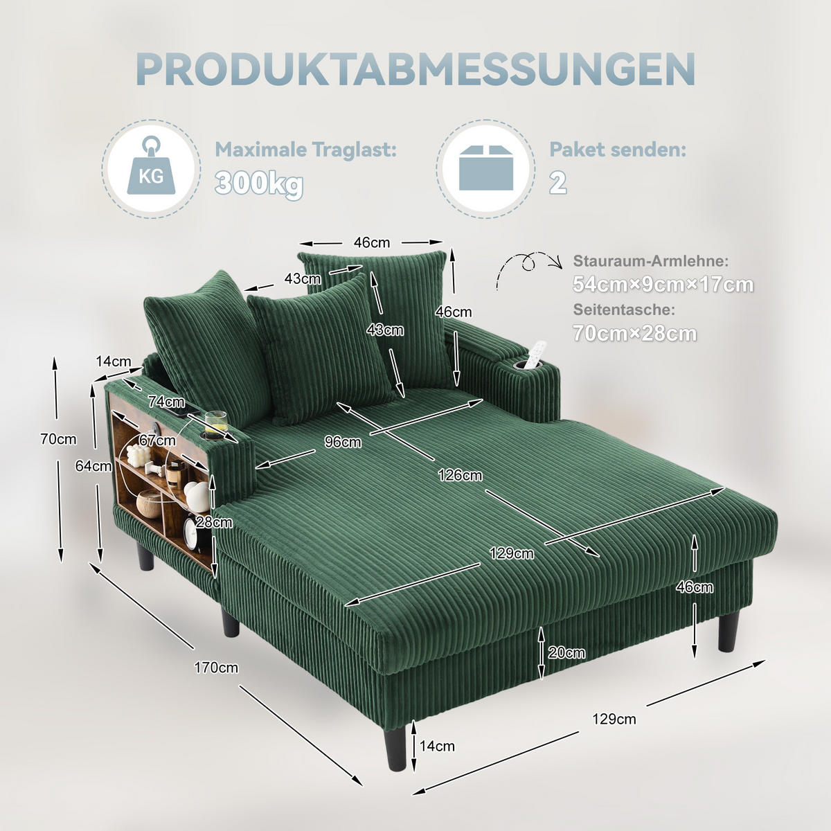 CHAISELONGUE Cord Smaragdgrün mit LED, Stauraum, USB und Becherhaltern - Smaragdgrün, Kunststoff/Textil (129/70/170cm) - WISHDOR