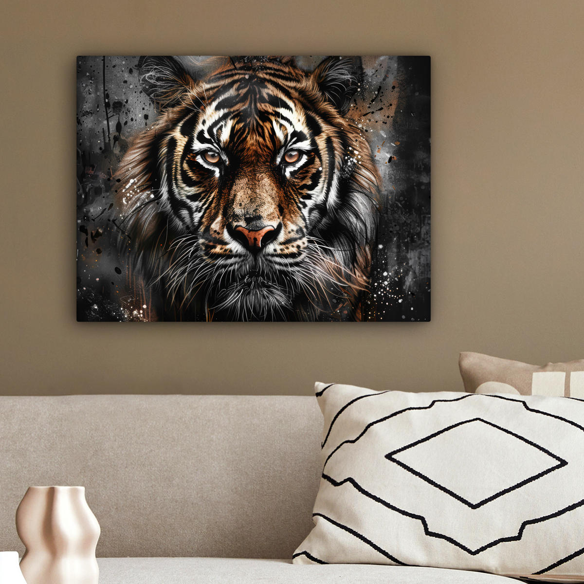 LEINWANDBILD Tiger - Tiere - Porträt - Luxus - Schwarz 40x30 cm - Anthrazit, Textil (40/30cm) - MuchoWow