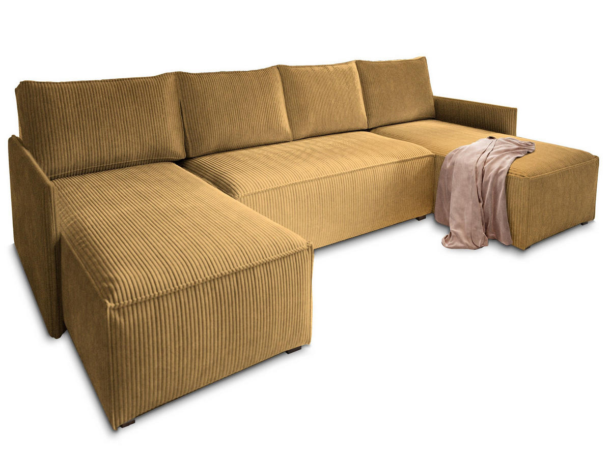 WOHNLANDSCHAFT TRES Gelb Kordstoff mit Schlaffunktion - Gelb, Holz (271/85/140cm) - MASSENO