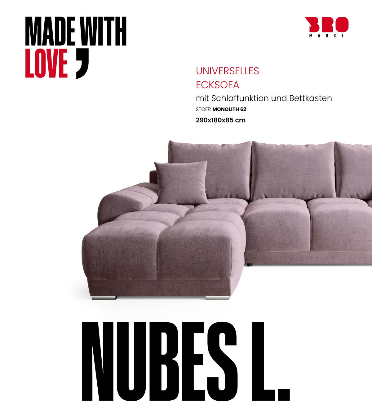 ECKSOFA Nubes mit Schlaffunktion Puderrosa Plüsch - Silberfarben/Rosa, Kunststoff/Textil (290/180cm) - Bromarkt