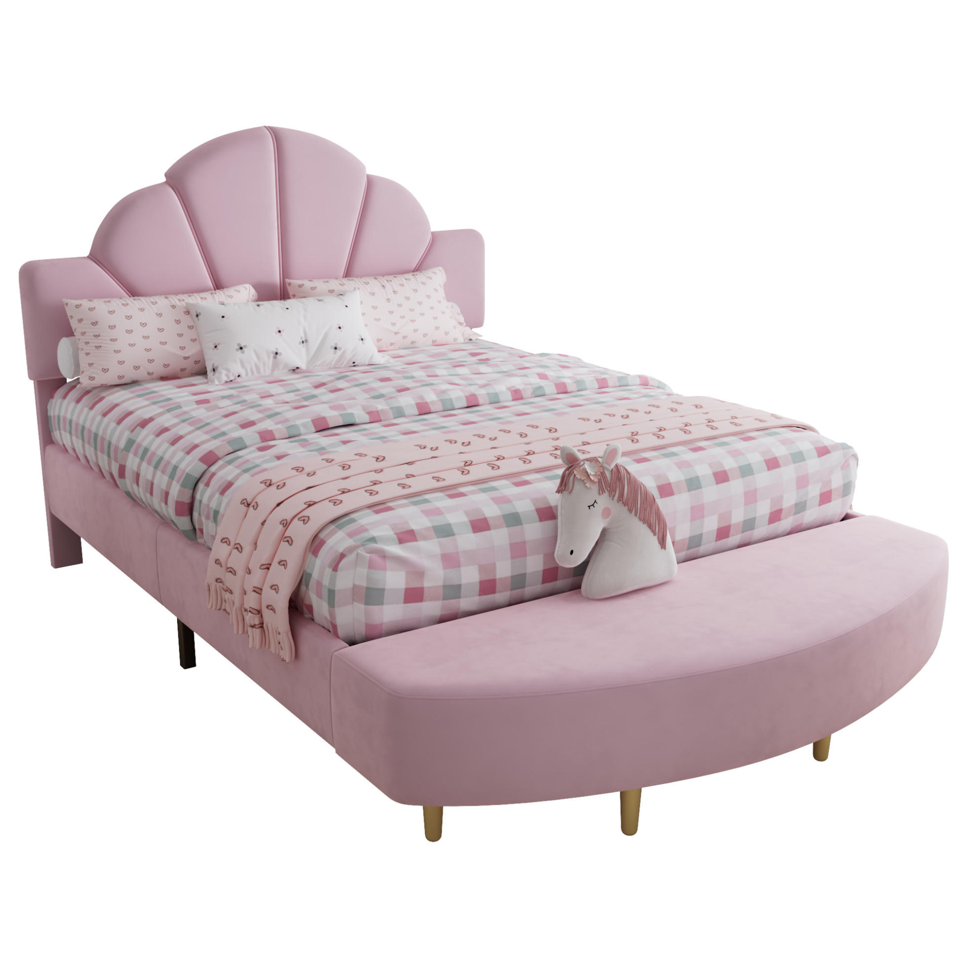 SAMT-POLSTERBETT 140/200 cm in Rosa mit gepolstertem Kopfteil und Bettbank - Rosa, Textil (140/200cm) - BEAOK