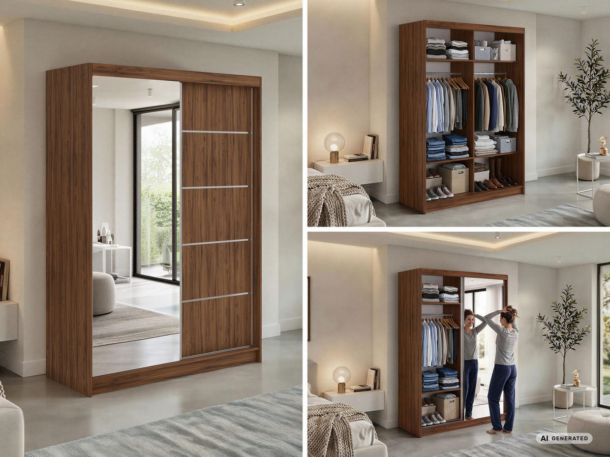 SCHWEBETÜRENSCHRANK 150 - SKORIA - Warmia Walnuss mit Spiegel - Walnussfarben/Alufarben, Holzwerkstoff/Metall (150/216/61cm) - MKS