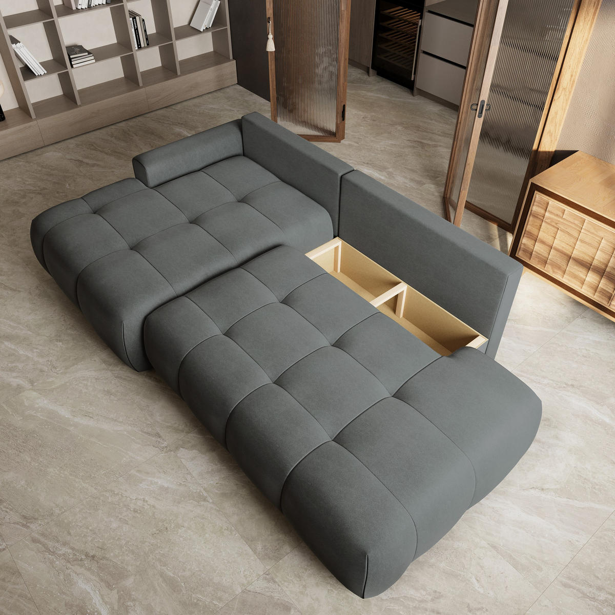 ECKSOFA FLUMA CL L-S Grau Samtstoff mit Schlaffunktion - Grau, Holzwerkstoff/Textil (279/158cm) - MASSENO