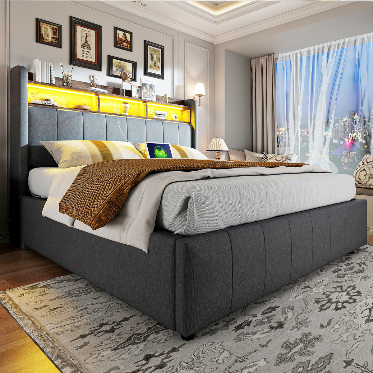 POLSTERBETT 160/200 cm in Grau Leinen mit Stauraum, LED, USB und Type-C - Grau, Holzwerkstoff/Textil (160/200cm) - WISHDOR
