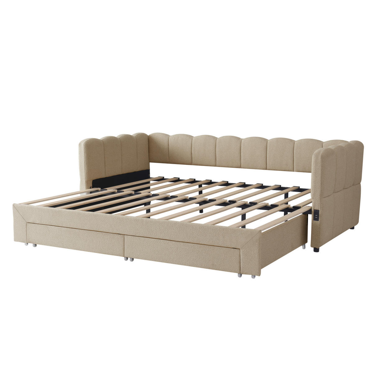 TAPECIRANI krevet na izvlačenje od šenila 210x100x73 cm bež s 2 ladice, USB i Type-C priključkom - bež, tekstil (90/190cm) - Modfu