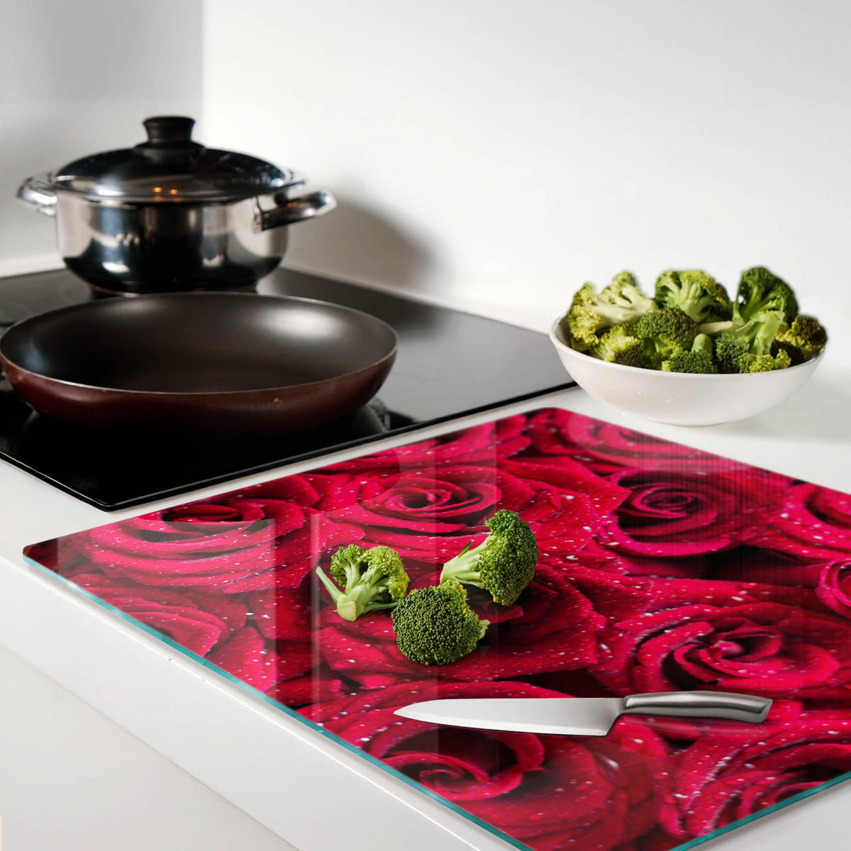 GLASPLATTE 60x52 cm Tropfen auf Rosen - Rot, Glas (60/0.4/52cm) - TULUP