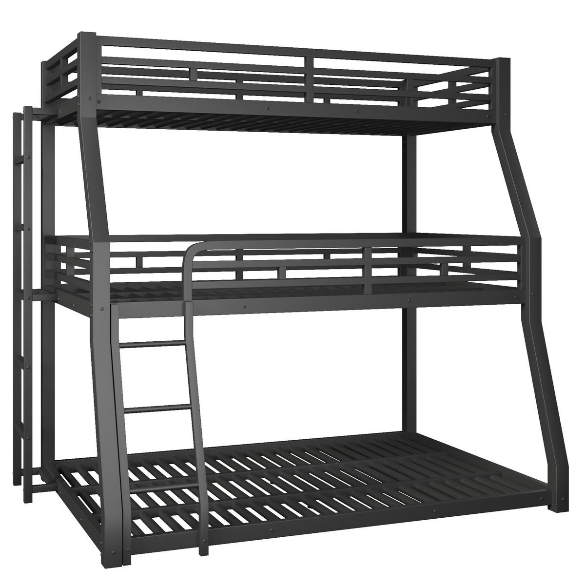 DREIFACH-ETAGENBETT aus Metall 90x200, 120x200 und 140x200 cm Schwarz mit 2 Leitern - Schwarz, Metall (90/200cm) - Modfu