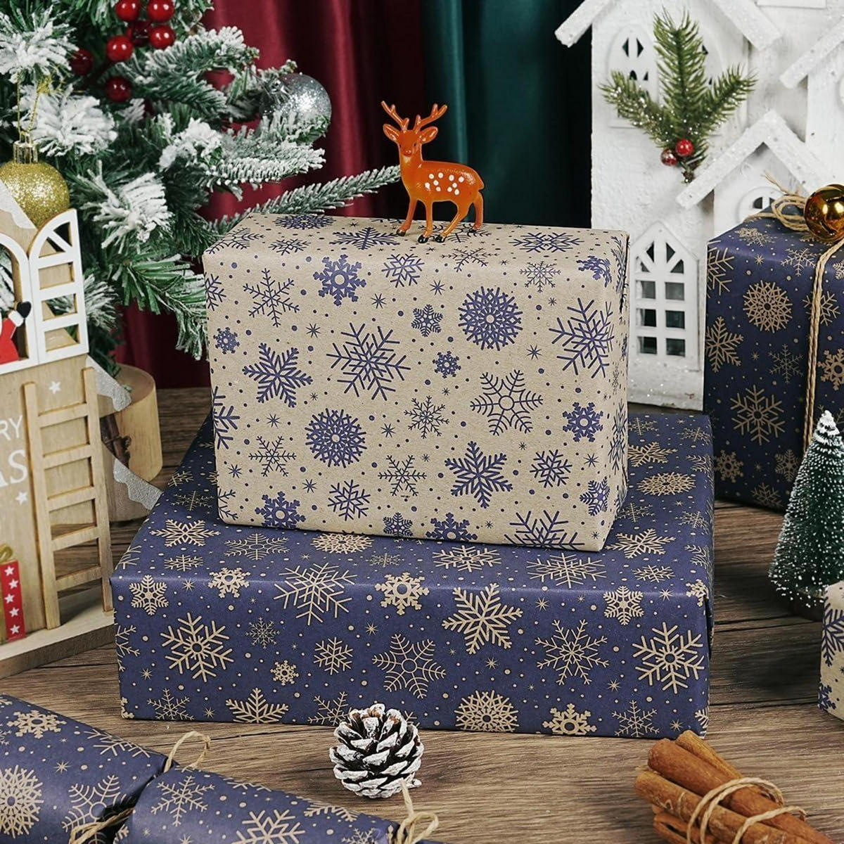 GESCHENKPAPIER Rolle Weihnachten 43 cm x 10 m Dunkelblau Braun - Multicolor, Papier (43/0.1/1000cm)