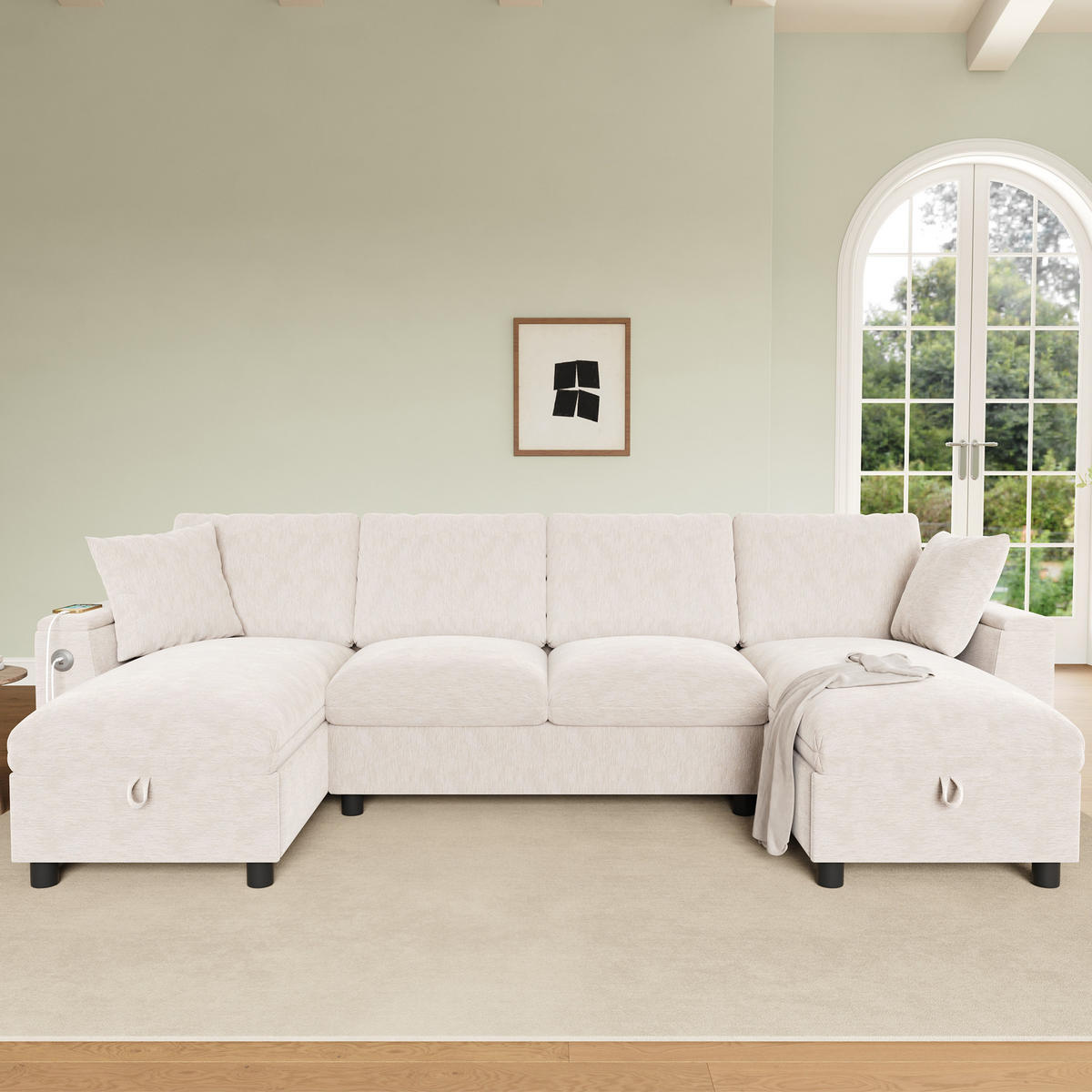 WOHNLANDSCHAFT Chenille Beige mit Stauraum, USB und Type-C-Anschluss - Beige, Holzwerkstoff/Kunststoff (284/84/135cm) - WISHDOR