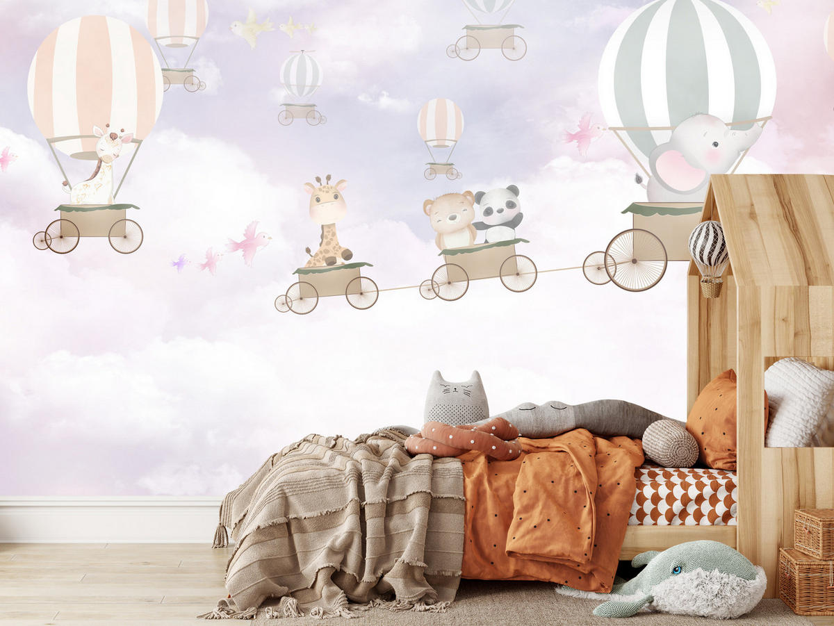 FOTOTAPETE für Kinderzimmer Tiere Wolken Luftballons 450x315 - Beige/Violett, Papier (450/315cm) - Muralo